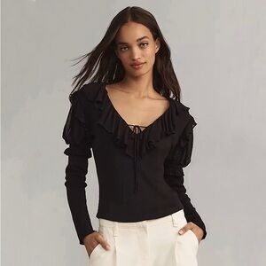 By Anthropologie Black Long-Sleeve Ruffle Top Size Medium